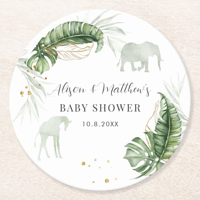 Jungle Safari Animals Nature Boy Baby Shower Round Paper Coaster (Front)