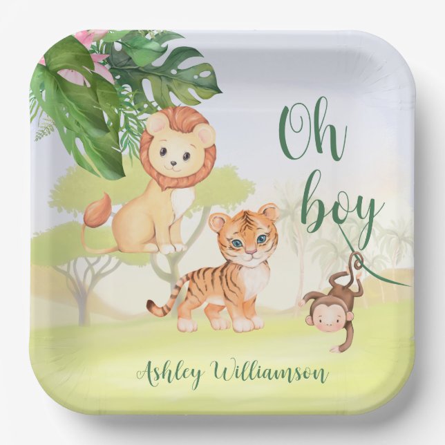 Jungle Safari Animals Oh Boy Baby Shower Paper Plate (Front)