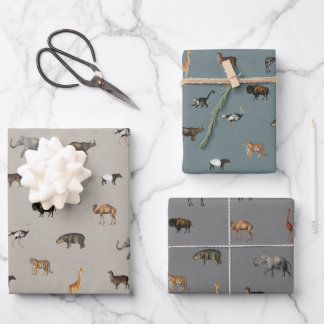 Jungle Safari Animals Pattern Blue Beige Grey Wrapping Paper Sheet