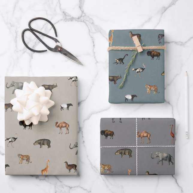 Jungle Safari Animals Pattern Blue Beige Grey Wrapping Paper Sheet (Front)