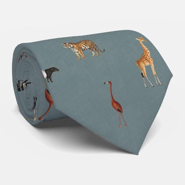 Jungle Safari Animals Pattern Blue Neck Tie (Rolled)