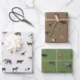 Jungle Safari Animals Pattern Green Brown Grey Wrapping Paper Sheet