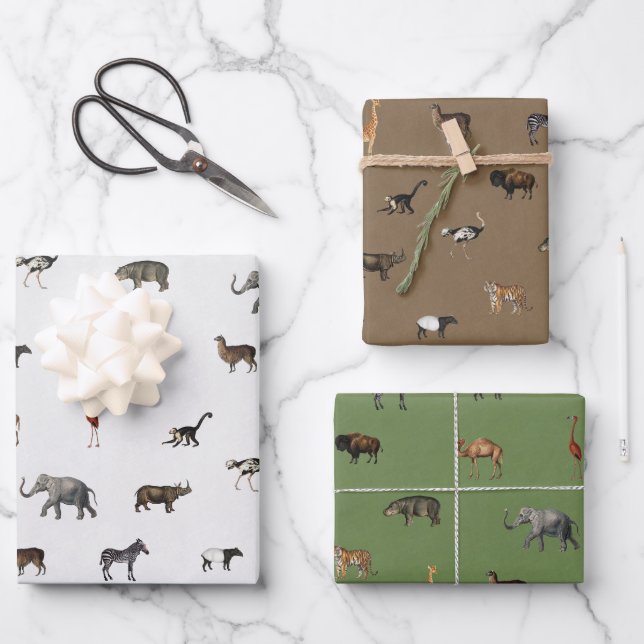 Jungle Safari Animals Pattern Green Brown Grey Wrapping Paper Sheet (Front)