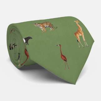 Jungle Safari Animals Pattern Green Neck Tie