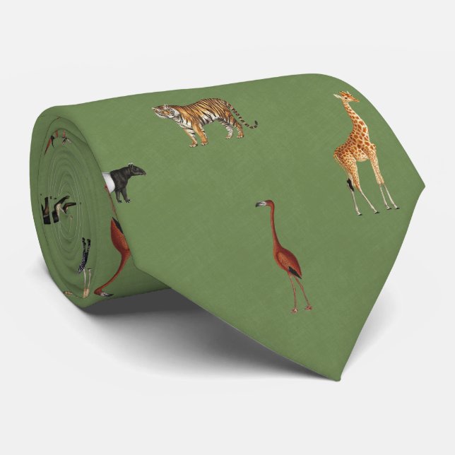 Jungle Safari Animals Pattern Green Neck Tie (Rolled)
