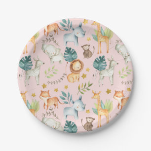 Jungle safari animals pink toddler girl birthday paper plate
