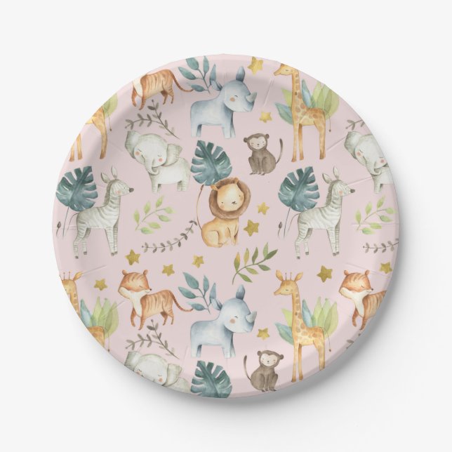 Jungle safari animals pink toddler girl birthday paper plate (Front)