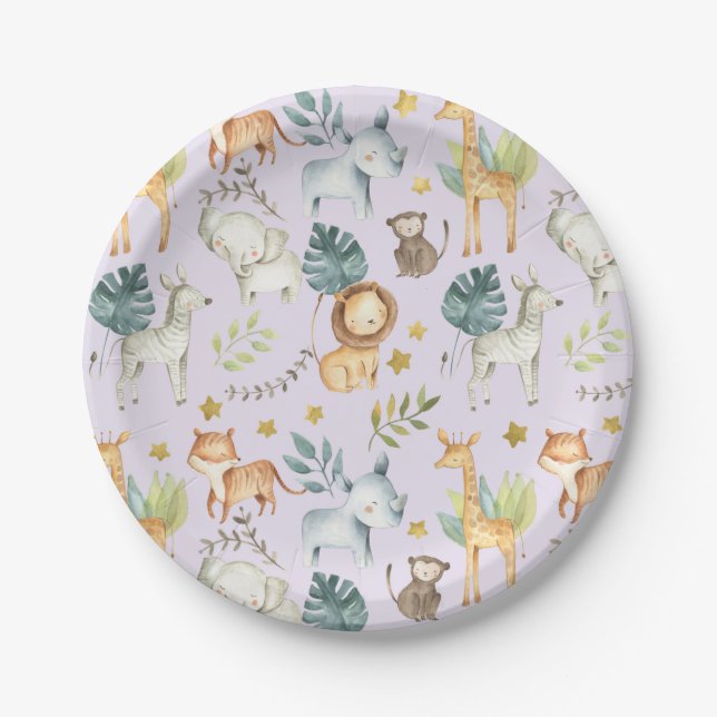 Jungle safari animals purple Girl 2nd birthday Paper Plate (Front)