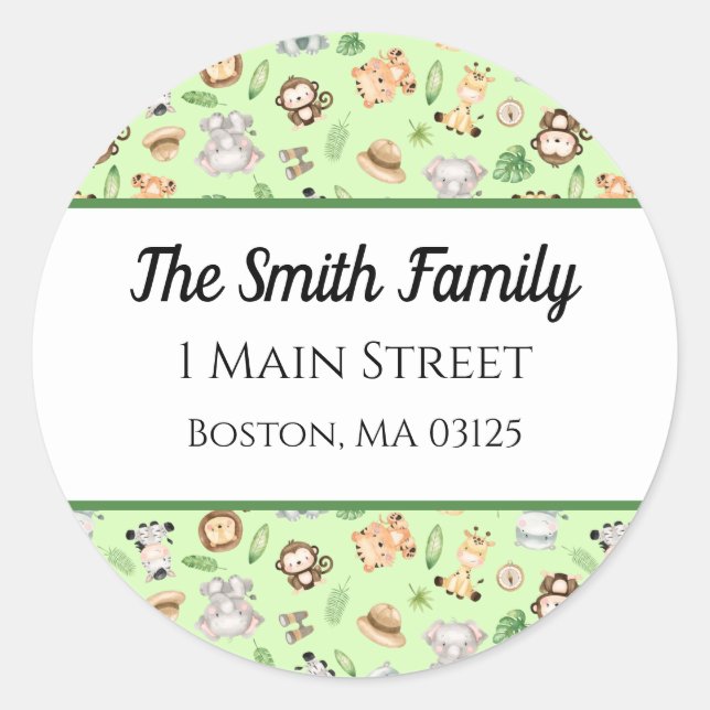 Jungle Safari Animals Return Address Classic Round Sticker (Front)