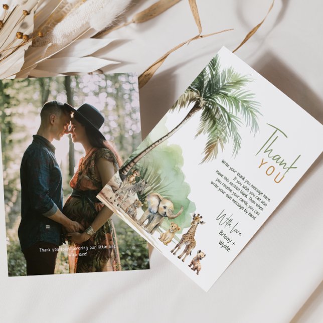 Jungle Safari Animals Vertical Baby Shower Photo Thank You Card (Creator Uploaded)