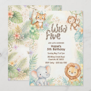 Jungle Safari Animals Wild Five 5th Birthday Invitation