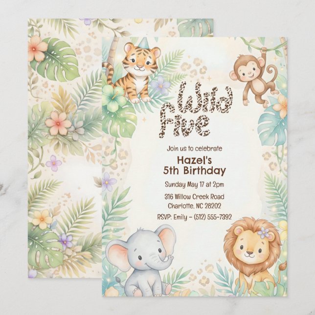 Jungle Safari Animals Wild Five 5th Birthday  Invitation (Front/Back)