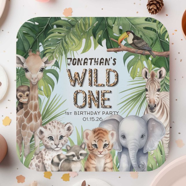 Jungle safari animals wild one 1st birthday paper plate (WIld one, Square birthday paper plate)