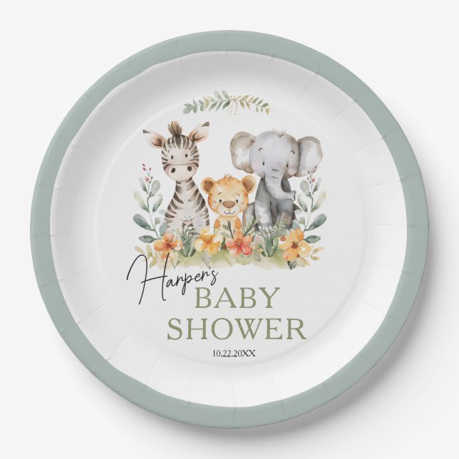Jungle Safari Baby Animal Baby Shower Paper Plate (Front)