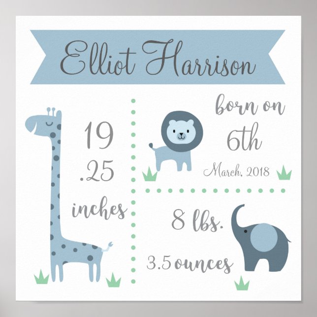 Jungle Safari Baby Stats Poster (Front)