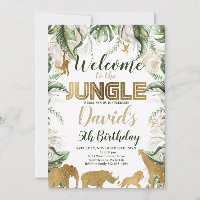 Jungle Safari Birthday, Any Age, Jungle Animals Invitation (Front)