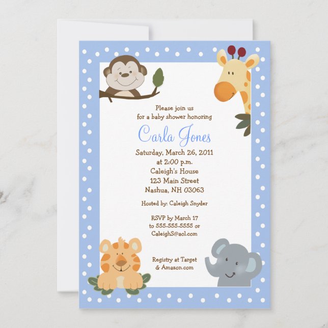 Jungle Safari (Blue) 5x7 Baby Shower Invitation (Front)