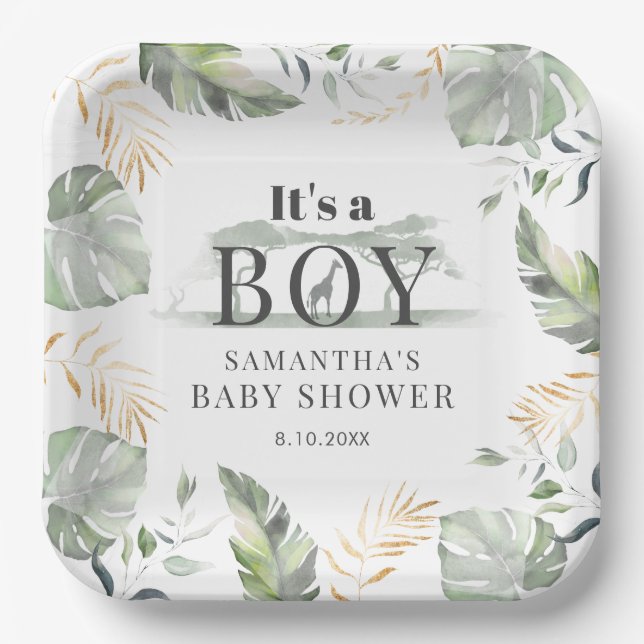Jungle Safari Botanical Its a Boy Baby Shower Paper Plate (Front)