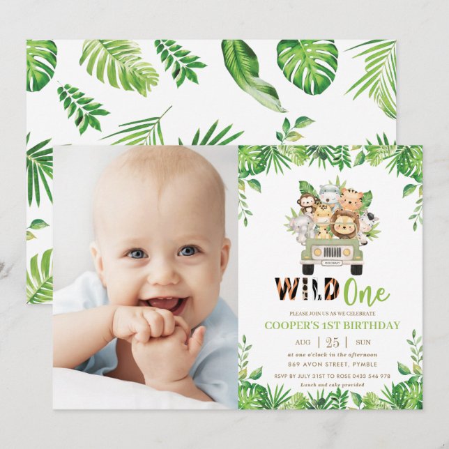 Jungle Safari Car Greenery Birthday Wild One Photo Invitation (Front/Back)