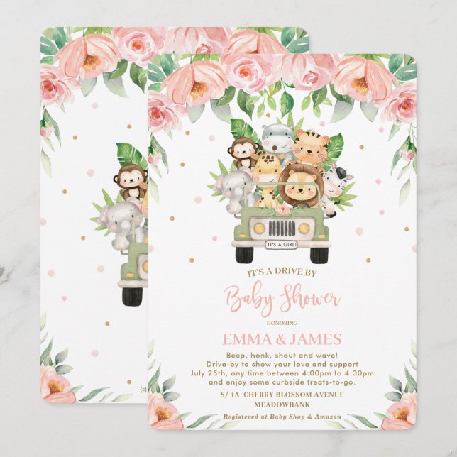 Jungle Safari Car Pink Floral Drive By Baby Shower Invitation (Front/Back)