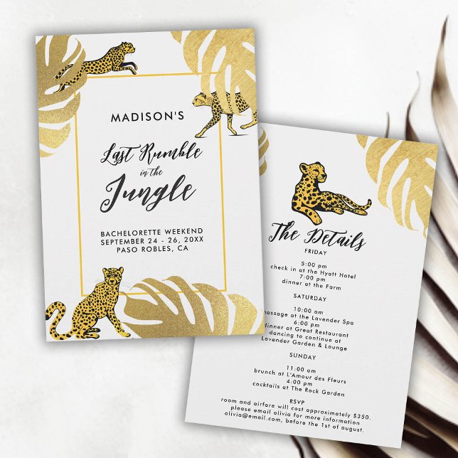 Jungle Safari Cheetah Gold Bachelorette Itinerary Invitation (last rumble jungle safari bachelorette party itinerary invitation cheetah monstera gold leaf elegant)