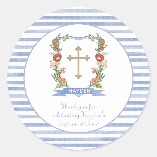 Jungle Safari Crest Baptism Thank You Classic Round Sticker (Front)