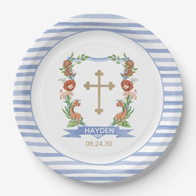 Jungle Safari Crest Boy Baptism Paper Plate (Front)
