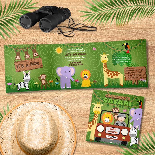 Jungle Safari Cute Animals Wild One Baby Shower Tri-Fold Invitation (Creator Uploaded)