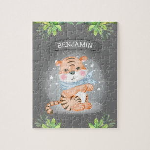 Jungle Safari Cute Tiger Cub Grey Kids Name Jigsaw Puzzle