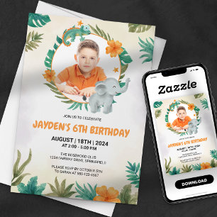 Jungle Safari Elephant Boy Photo Birthday Invitation