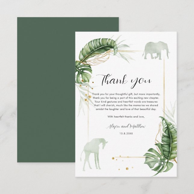 Jungle Safari Elephant Giraffe Baby Shower Thank You Card (Front/Back)