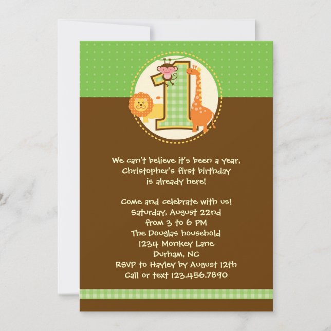 Jungle Safari First Birthday Invitation (Front)