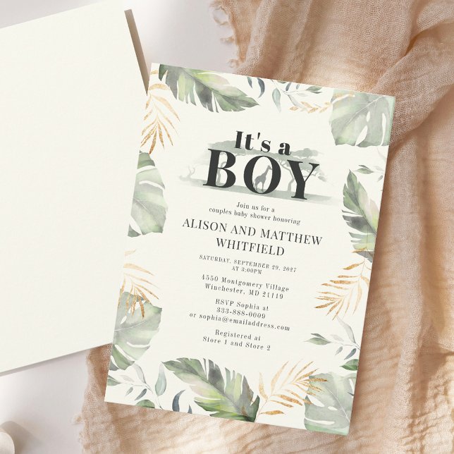 Jungle Safari Giraffe Baby Shower Boys Invitation (Watercolor Elegant Couples Baby Shower Invitation)