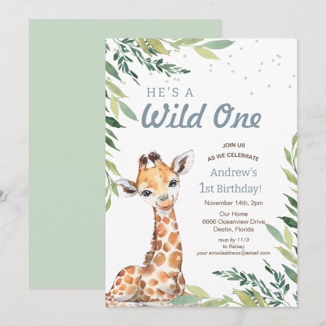 Jungle Safari Giraffe Wild One 1st Birthday Party Invitation (Front/Back)