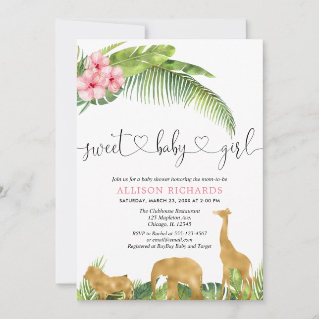 Jungle safari girl pink hibiscus palm leaves invitation (Front)