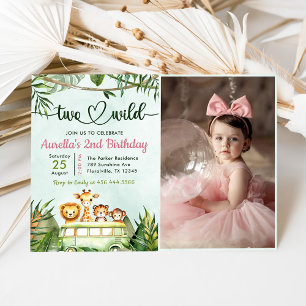Jungle Safari Girl Two Wild 2nd Birthday Photo Invitation