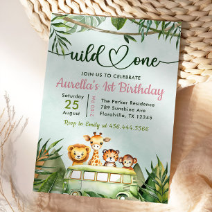 Jungle Safari Girl Wild One 1st Birthday Invitation