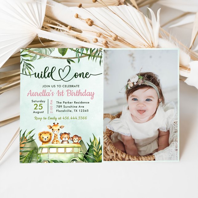 Jungle Safari Girl Wild One 1st Birthday Photo Invitation (Creator Uploaded)