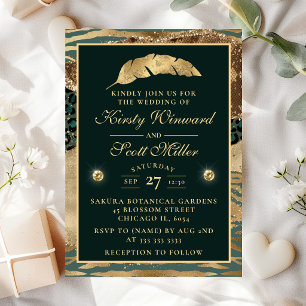 Jungle Safari Green Beige Glitter Agate Wedding Invitation