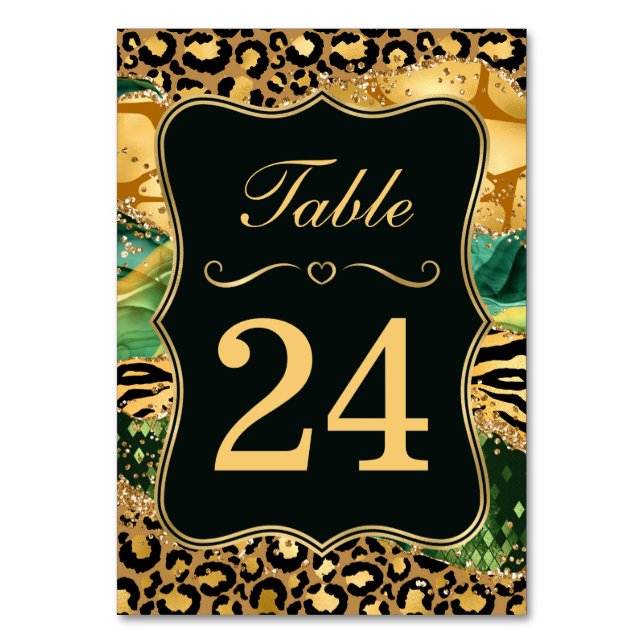 Jungle Safari Green Glitter Wedding Table Number (Front)
