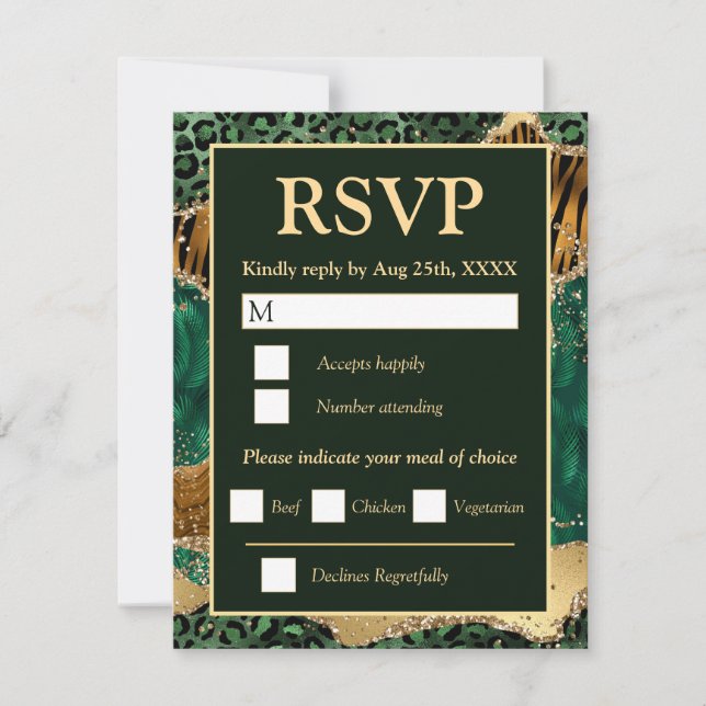 Jungle Safari Green Gold Glitter Agate Wedding RSVP Card (Front)