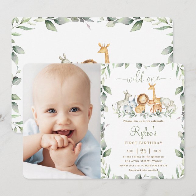 Jungle Safari Greenery 1st Birthday Wild One Photo Invitation (Front/Back)