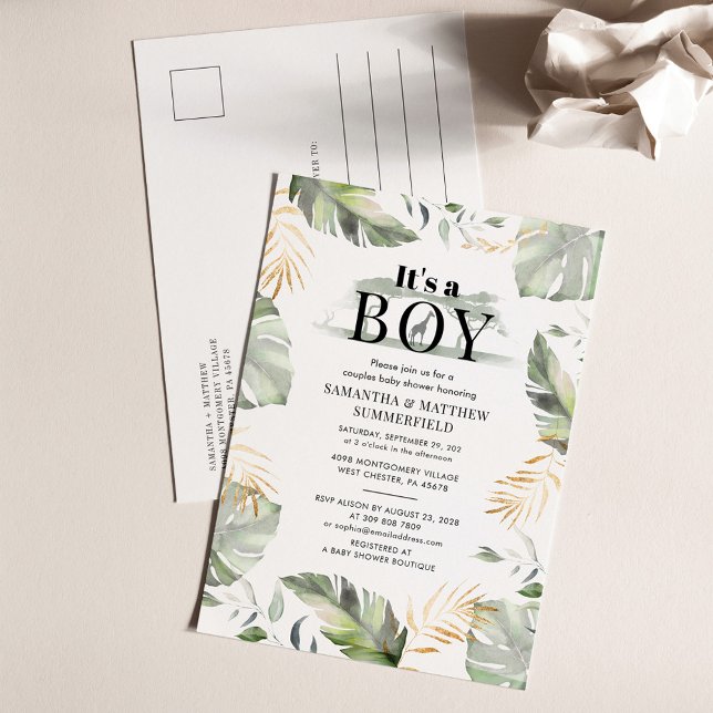 Jungle Safari Greenery Couples Baby Shower Invitation Postcard (Palm Leaves Boy Baby Shower Invitation Post Card)