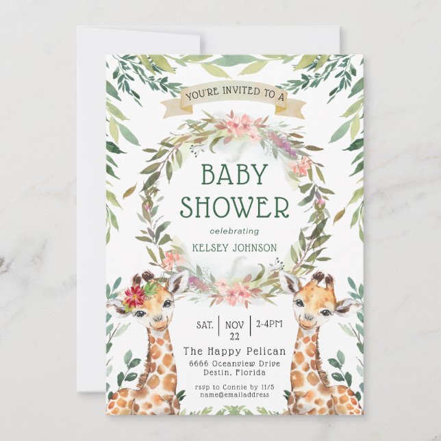 Jungle Safari Greenery Giraffe Baby Shower Invitation (Front)