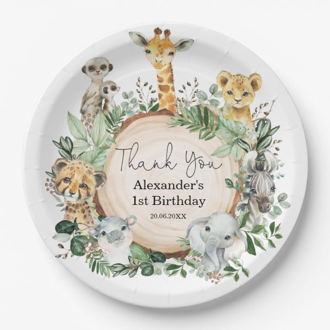Jungle Safari Greenery Wild Animals Birthday Favor Paper Plate (Front)