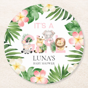 Jungle Safari It's a Girl Baby Shower Round Paper Coaster