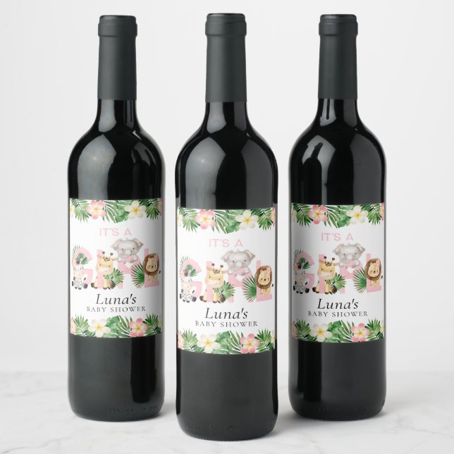 Jungle Safari It's a Girl Baby Shower Wine Label (Bottles)