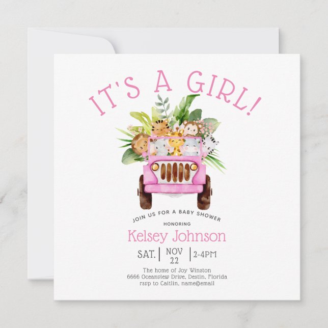 Jungle Safari It's a Girl Pink Baby Shower Invitation (Front)