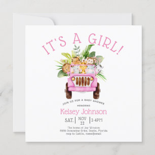 Jungle Safari It's a Girl Pink Baby Shower Invitation