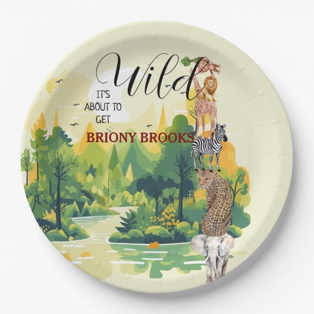 Jungle Safari "It's About To Get Wild" Baby Shower Paper Plate (Front)